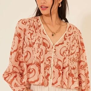 Bila Rust Paisley V-Neck Button Front Blouse